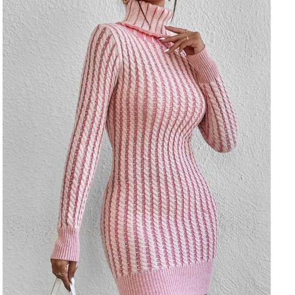long sleeved Turtleneck Sweater Cable Knit Dress Pink - Picture 6 of 7